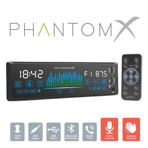 MNC - Fejegység "PhantomX" - 1 DIN - 4 x 50 W - gesztusverzélés - BT - MP3 - AUX - USB